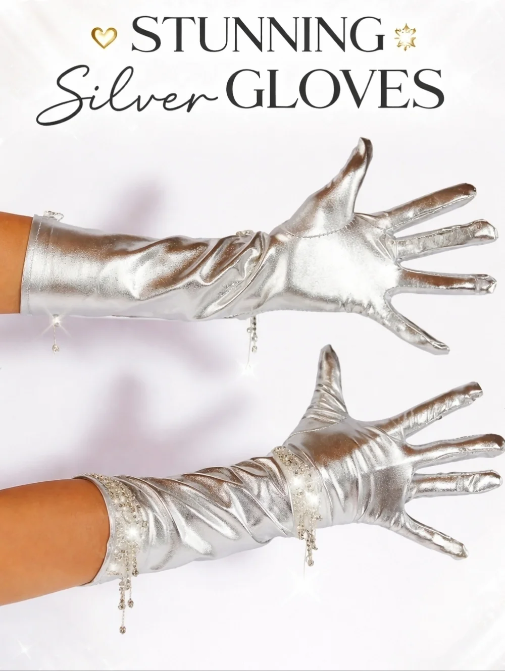 Silver Rhinestone Opera Gloves Formal Evening Satin Costume Glam Silver Gloves